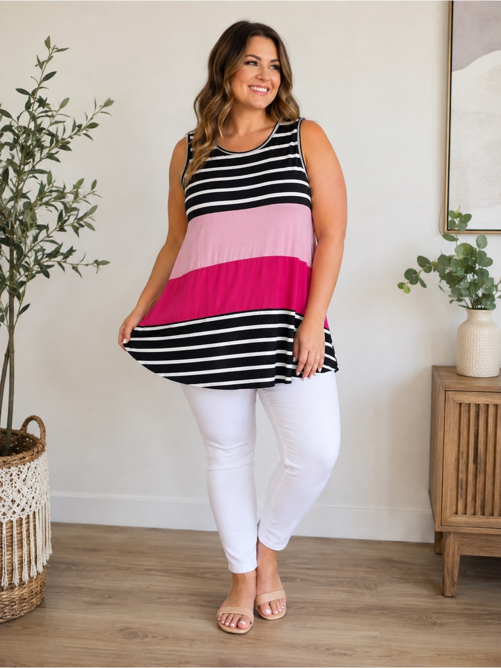 Beeson River Colorblock Striped Sleeveless Tunic Top Pink Black White XL